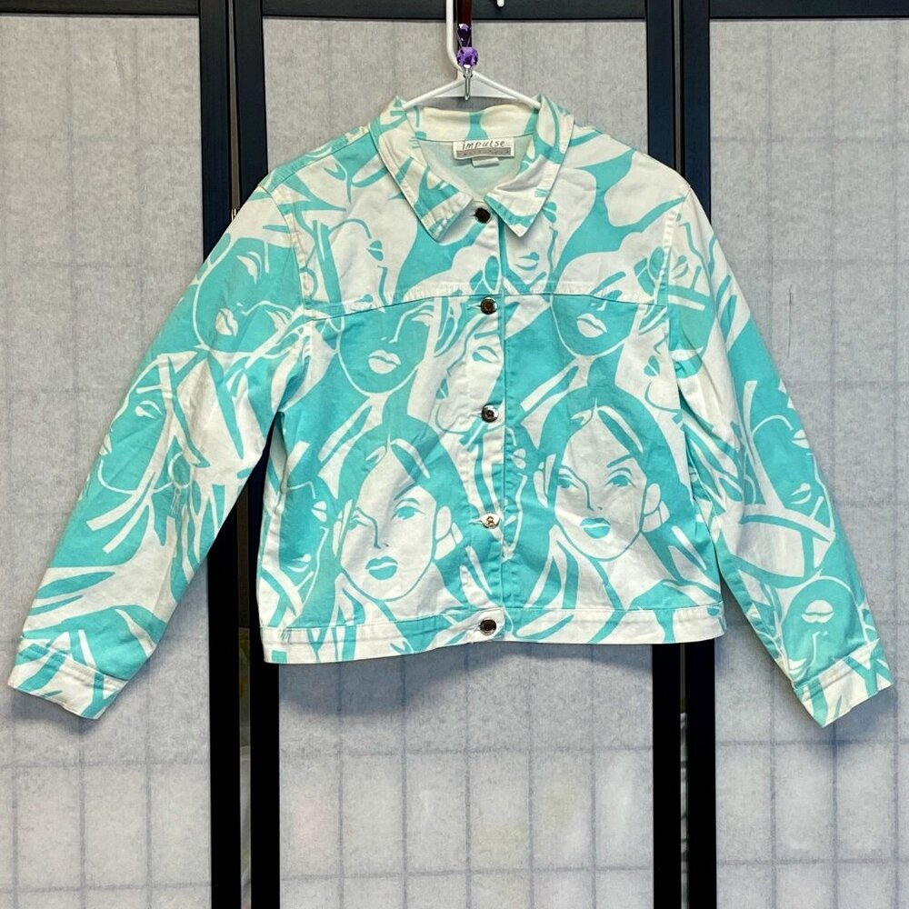 Impulse California Trucker Jean Jacket M White Aqua Pop Art Graphic Female Faces